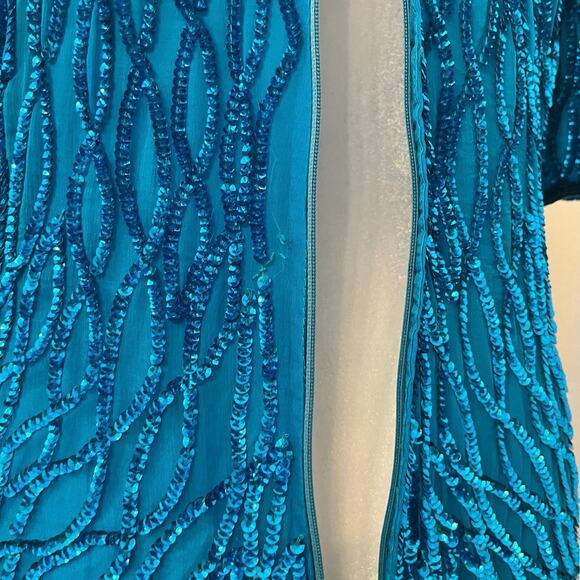 Vintage Laurence Kazar Sequin Sheath Dress L Silk Blue Beaded Party Costume 80s - Picture 13 of 16